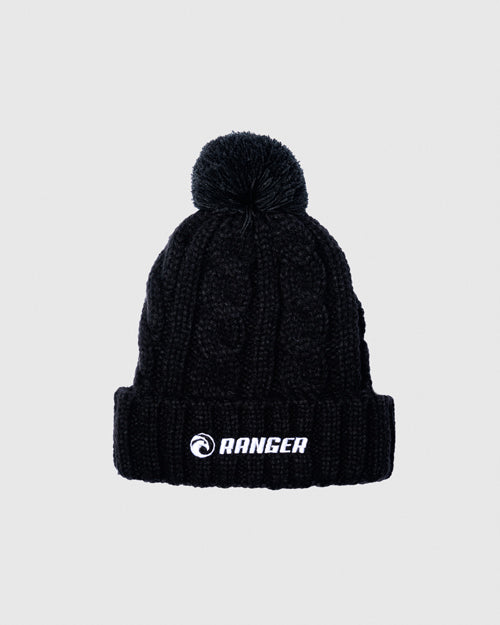 Cable Cuff Knit Hat with Pom - Black
