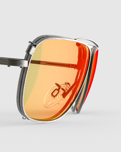 Yellow clip top on glasses